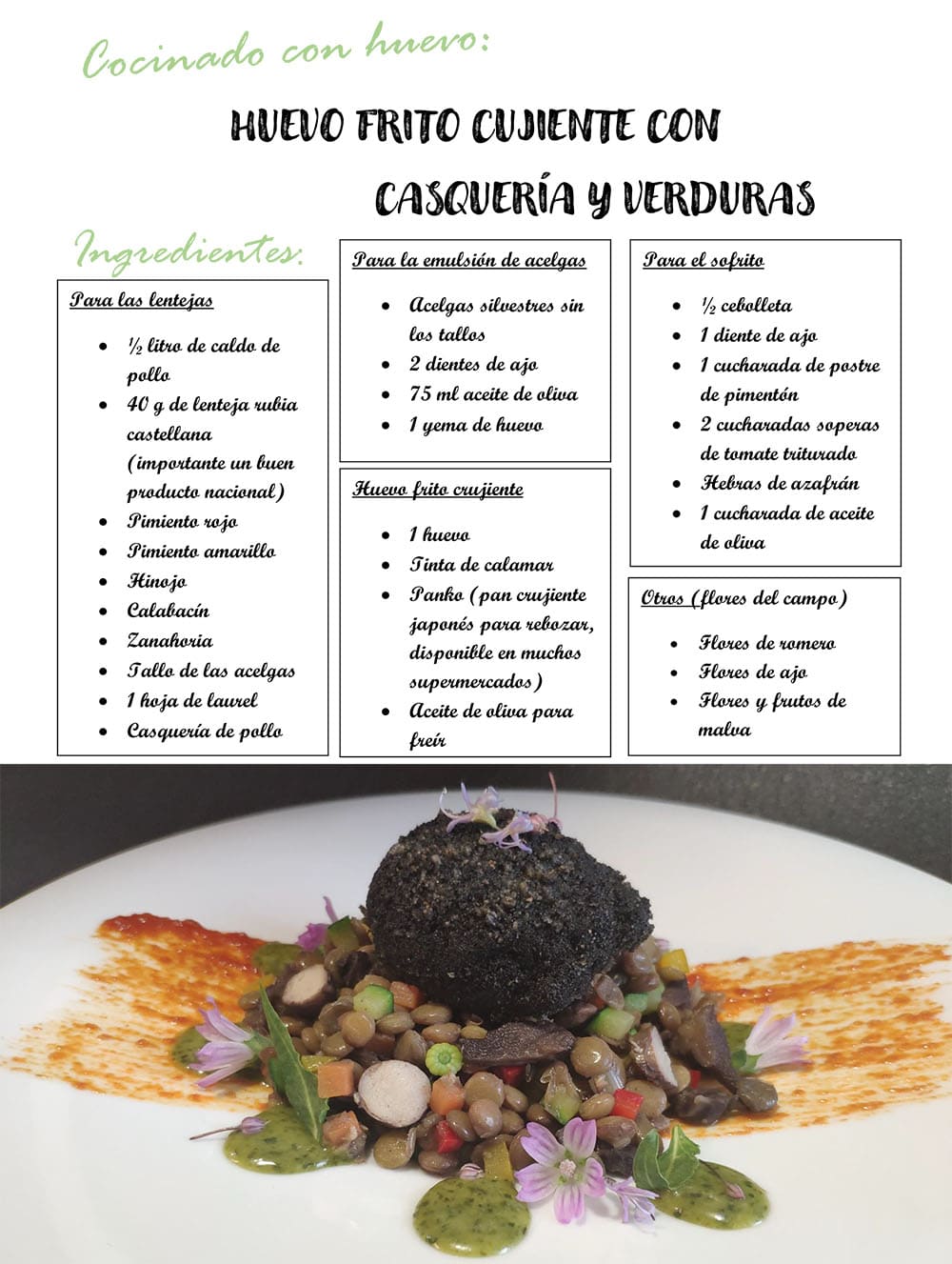 huevo frito crujiente con casquería y verduras